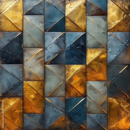 Abstract painting of a gold and blue mosaic pattern