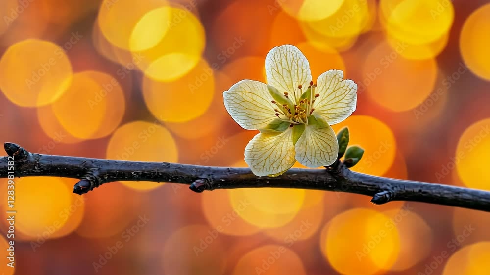 Delicate yellow flower blooming on branch with a warm bokeh background during spring