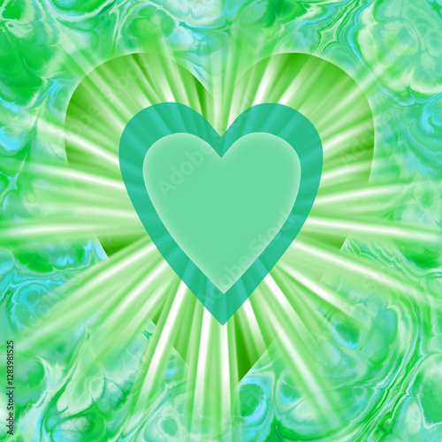 green hearts with bursting rays and marbled background - St. Patrick's Day, love of nature, for environment, Valentine's Day
