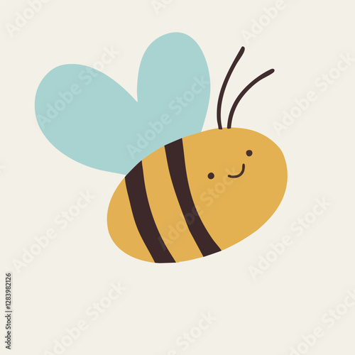 Adorable Cartoon Bee with Smiling Face and Blue Wings