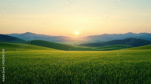 Misty sunrise over mountains serene grass hills landscape photography