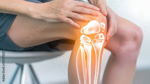 A person holds their knee, with a highlighted illustration of the knee joint, indicating potential pain or injury.