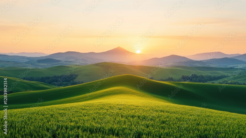 Fototapeta premium Misty sunrise over rolling mountains serene grasslands landscape