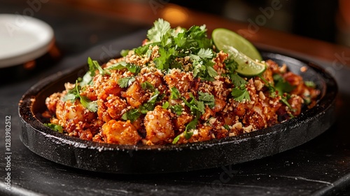 A sizzling hot plate of Nam Tok Moo, garnished with fresh herbs, chili flakes, and a squeeze of lime. 