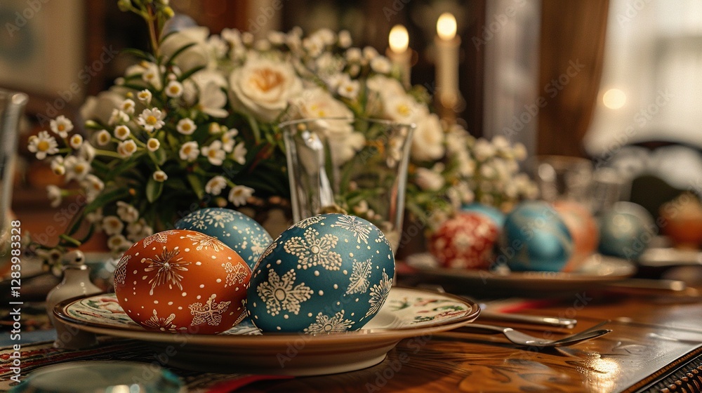 family gathering, the dining table is graced with four exquisitely painted Easter eggs, each flaunting vibrant flower patterns in a riot of colors family gathering, the dining table is graced with four exquisitely painted Easter eggs, each flaunting vibrant flower patterns in a riot of colors