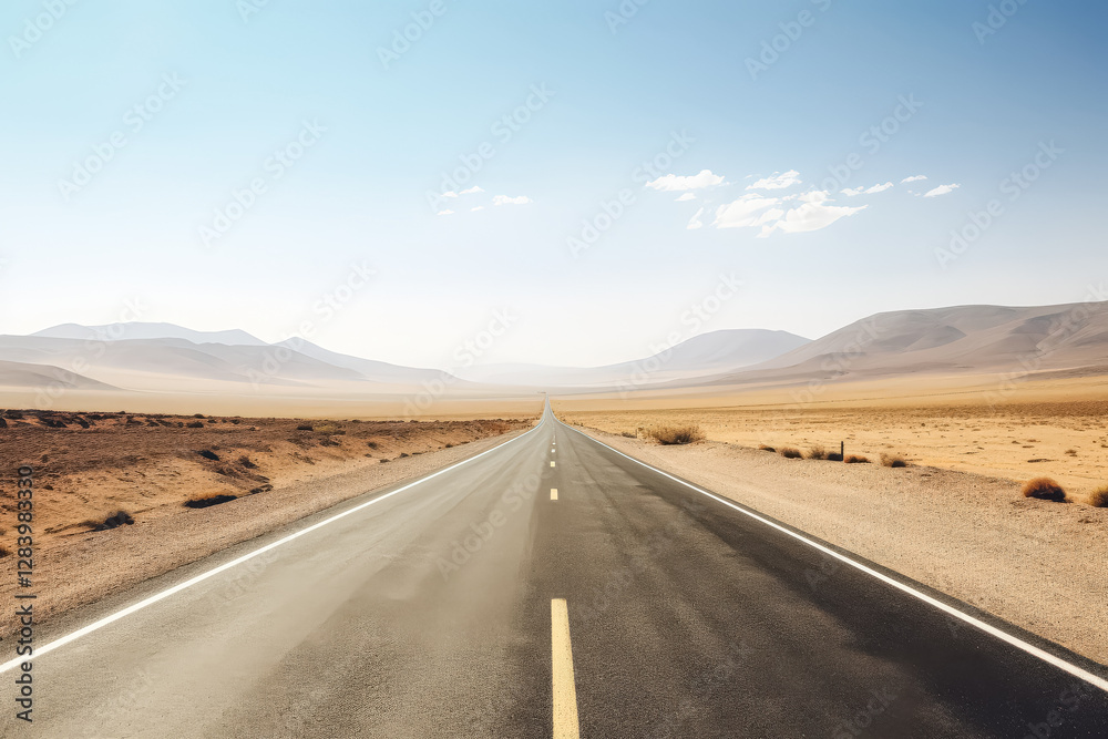 Long, empty road stretches out into the distance, with mountains in the background. Long, empty road stretches out into the distance, with mountains in the background.