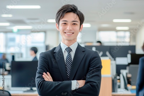 自信のある表情で腕組みして立つ若い男性ビジネスマン