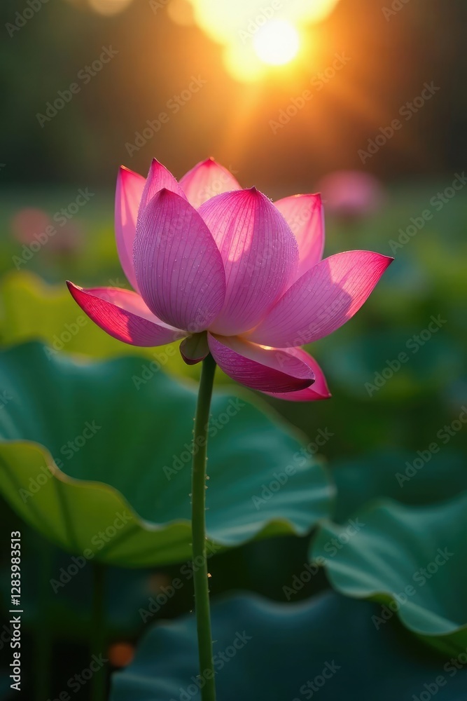 Dew-kissed lotus blooms in the early dawn light, sun rise, calm surroundings Dew-kissed lotus blooms in the early dawn light, sun rise, calm surroundings