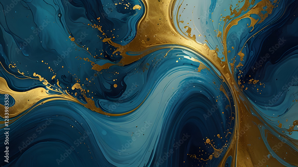Ethereal fluid art with golden swirls in blue, luxury abstract Ethereal fluid art with golden swirls in blue, luxury abstract