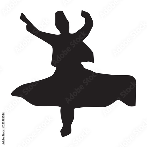 Peaceful sufi dancer dancing calmy isolated over white background editable vector graphic for design purposes.Sufi master dancing in ecstasy silhouette with hands wide spread and spinning.Eps10