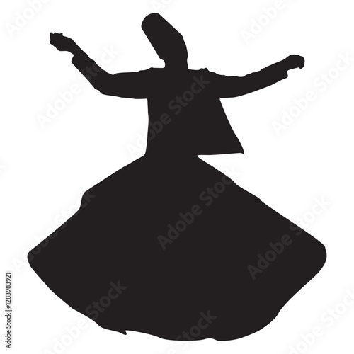Peaceful sufi dancer dancing calmy isolated over white background editable vector graphic for design purposes.Sufi master dancing in ecstasy silhouette with hands wide spread and spinning.Eps10