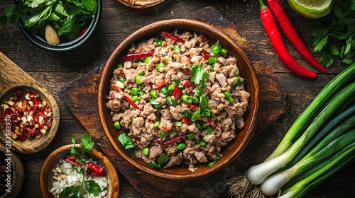A top-down view of Thai Larb Moo, featuring finely minced pork, fresh chili, and green onions. 