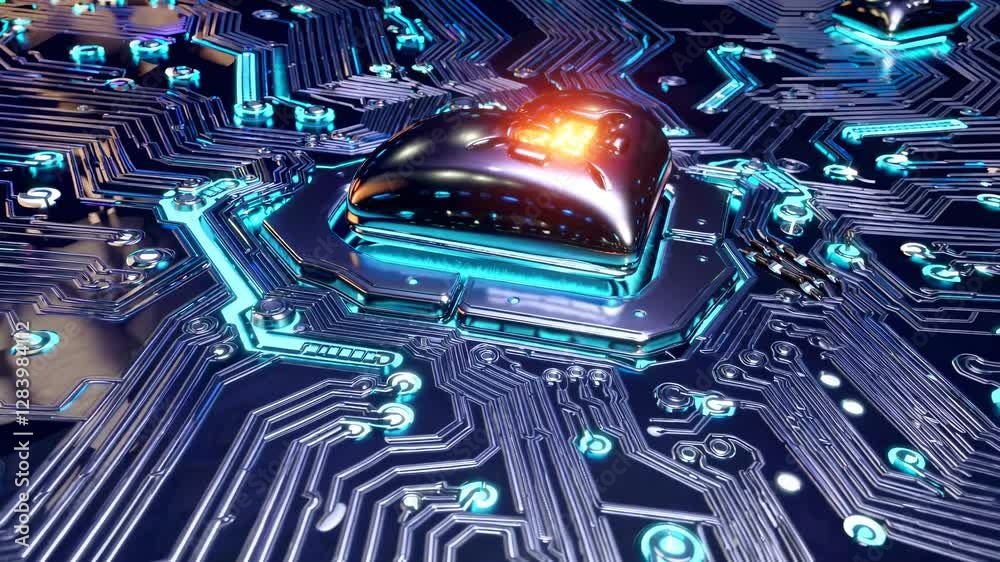 Microprocessor core radiates love. Circuit pathways weave around heart-shaped semiconductor emitting warm orange energy. Static overhead composition.