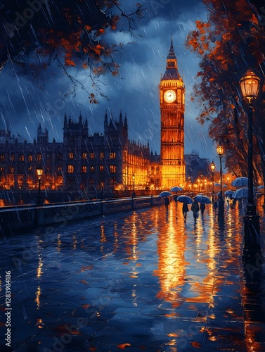 London in the Rain: The iconic Big Ben and Houses of Parliament illuminated at night during a rainstorm, capturing the city's romantic and historic atmosphere, with pedestrians using umbrellas. 