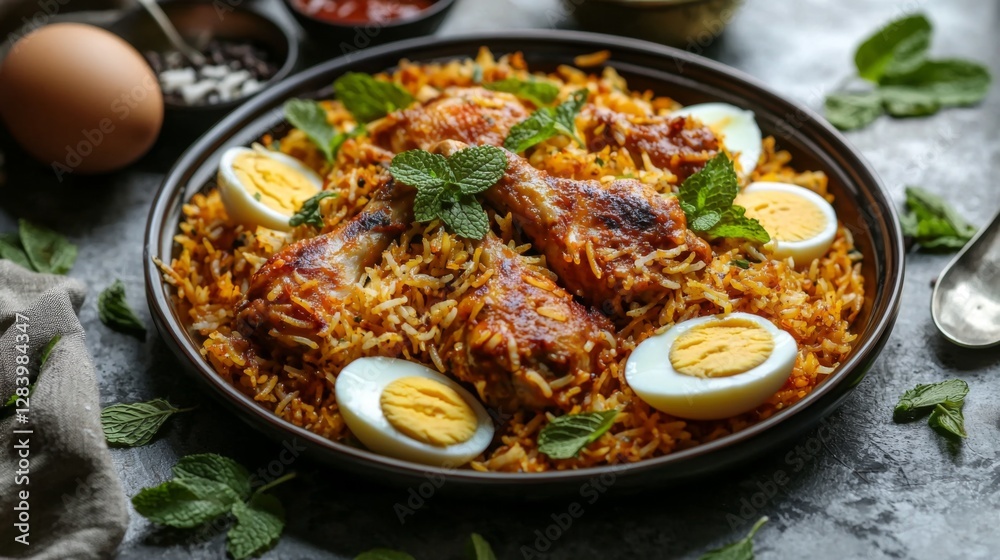 A visually appealing plate of chicken biryani with golden rice, garnished with mint and boiled eggs. --chaos 20 --ar 16:9 --quality 2 --v 6.1 Job ID: 72cf9331-78d1-4fc6-a2e7-a17d1db9f35b A visually appealing plate of chicken biryani with golden rice, garnished with mint and boiled eggs. --chaos 20 --ar 16:9 --quality 2 --v 6.1 Job ID: 72cf9331-78d1-4fc6-a2e7-a17d1db9f35b