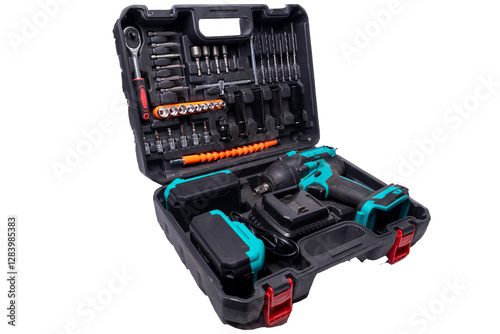 Cordless impact wrench and bit set in toolbox with transparent background