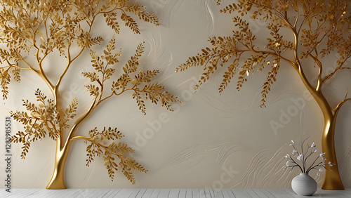 Decorative 3D mural wallpaper shows white waves, golden tree. Gold embellishments decorate tree branches. Background soft cream color. Design luxury style. Suitable for interior design. Wall

