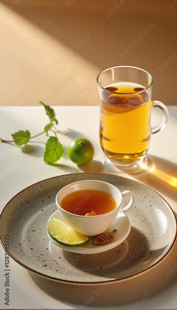 Elegant yerba mate in ceramic cup with honey and lime slices, harmony Elegant yerba mate in ceramic cup with honey and lime slices, harmony