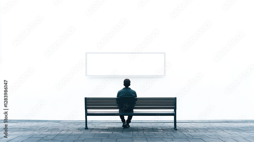 Obraz premium A 3D illustration of a businessman sitting on a chair, holding a card in front of a blank whiteboard with an abstract, empty background The image represents a business concept or presentation