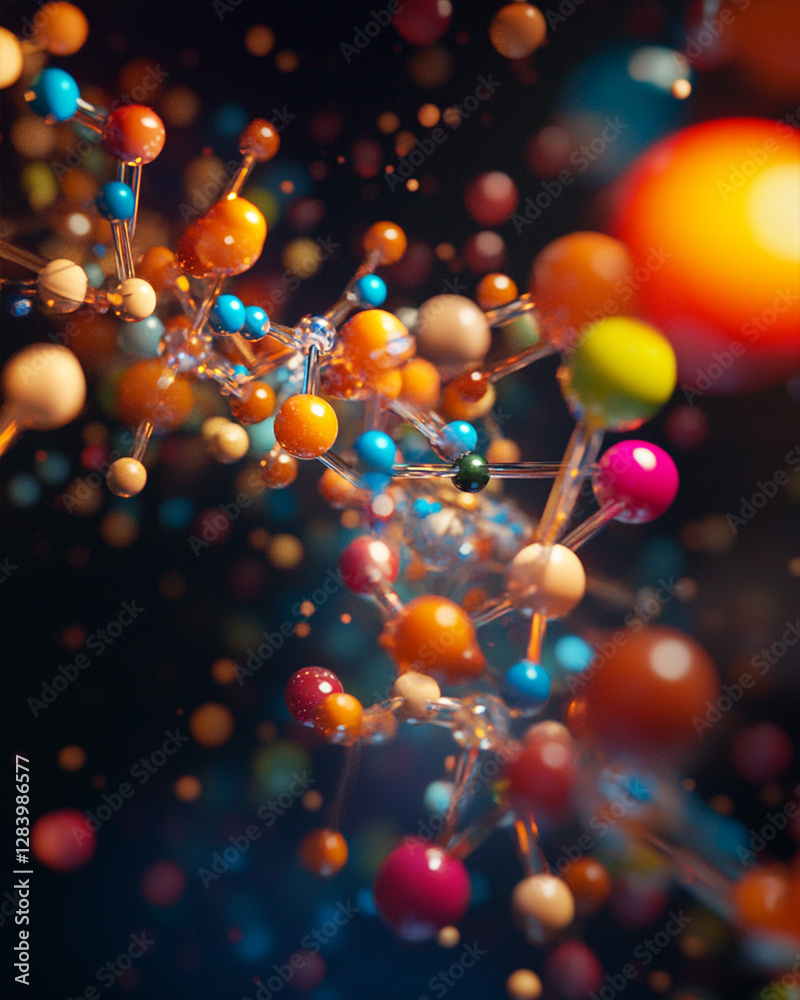 The image presents a surreal, microscopic world where atoms and molecules pulse with vibrant energy.