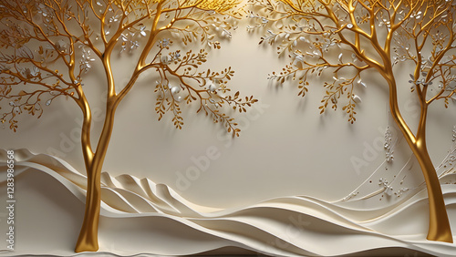 Decorative 3D mural wallpaper shows white waves, golden tree. Gold embellishments decorate tree branches. Background soft cream color. Design luxury style. Suitable for interior design. Wall

