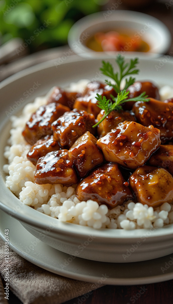 Elegant Filipino adobo served on rice in cozy kitchen, culinary delight Elegant Filipino adobo served on rice in cozy kitchen, culinary delight