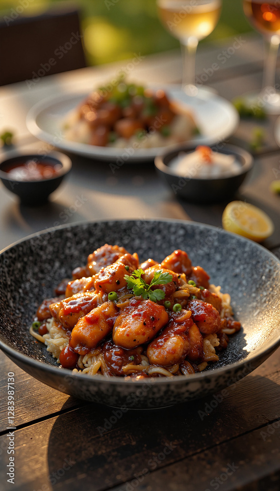 Adobo chicken with caramelized onions served outdoors, culinary delight Adobo chicken with caramelized onions served outdoors, culinary delight