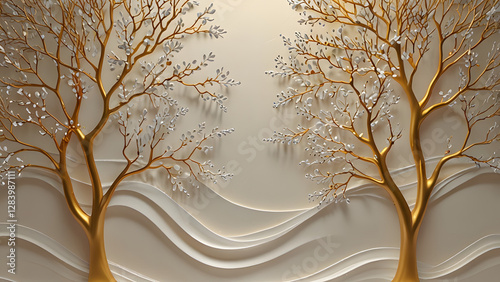 Decorative 3D mural wallpaper shows white waves, golden tree. Gold embellishments decorate tree branches. Background soft cream color. Design luxury style. Suitable for interior design. Wall

