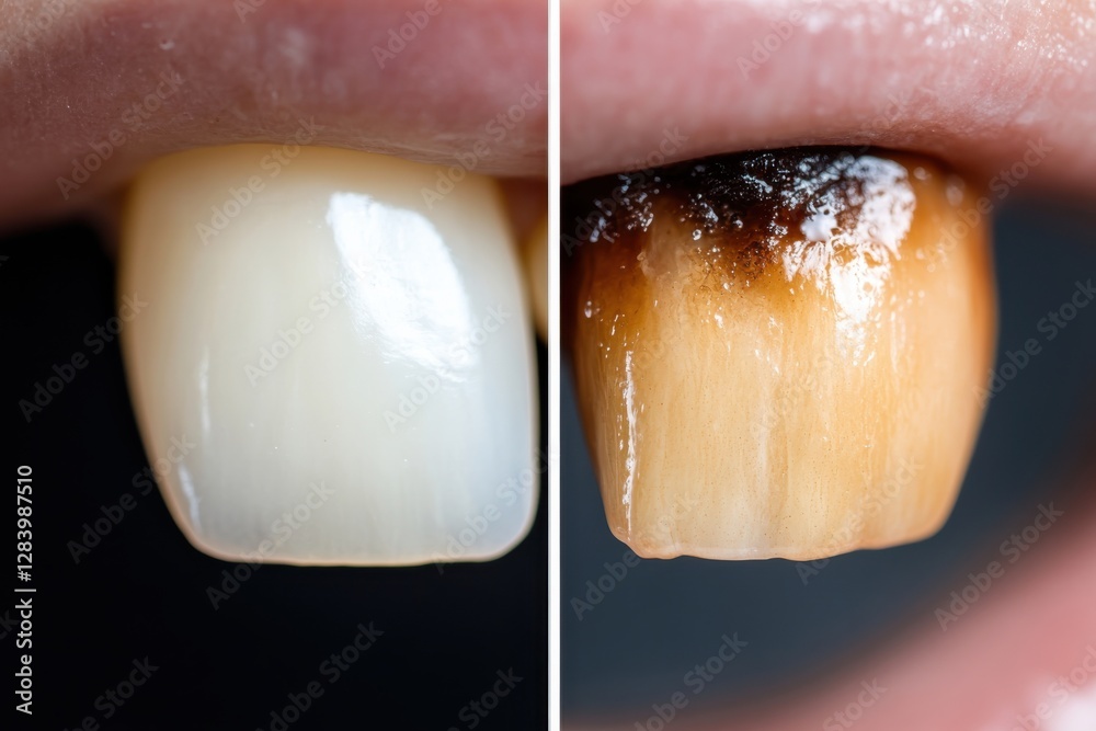 Obraz premium Close-up imagery revealing the stark contrast between a healthy tooth and a decayed one, emphasizing the importance of dental care and its impact on oral health.