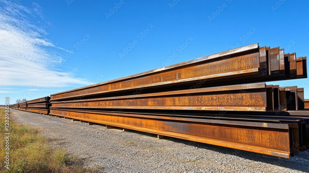 A long stack of steel I-beams arranged in a construction storage yard A long stack of steel I-beams arranged in a construction storage yard