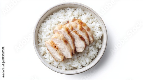 Fresh steamed rice with chicken thigh slices, shown against a simple white background. 