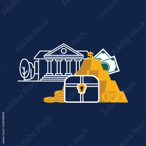 vector colorful economy trading graph cash money linked with curved dash line over the world bank 
