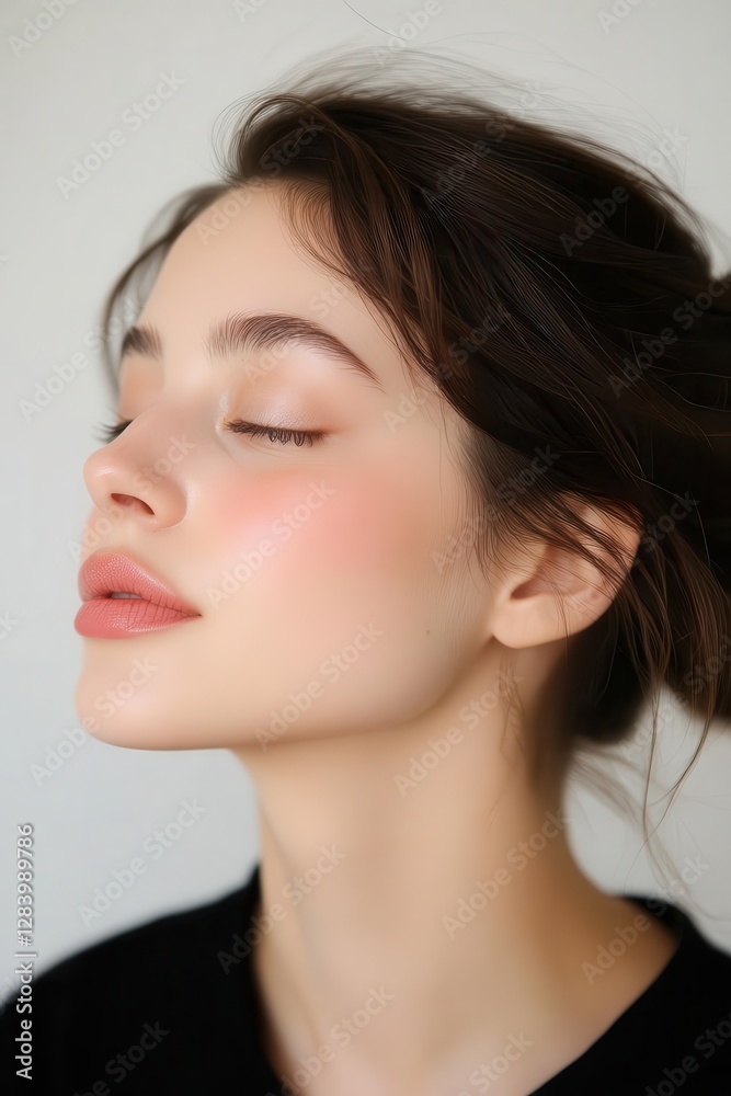 Side profile of a woman with luminous skin, natural glow reflecting light, neutral soft glam, aesthetic portrait photography captures her timeless beauty. Side profile of a woman with luminous skin, natural glow reflecting light, neutral soft glam, aesthetic portrait photography captures her timeless beauty.