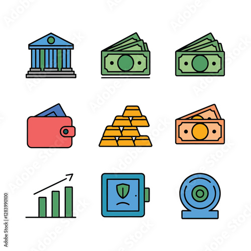vector colorful economy trading graph cash money linked with curved dash line over the world bank 
