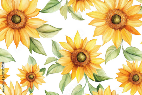 Vibrant Sunflowers and Green Leaves Create a Stunning Floral Pattern, Perfect for Summer Decor