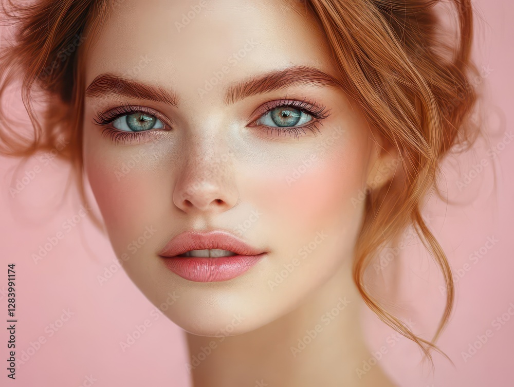 Fototapeta premium K-beauty aesthetics in a studio beauty shoot, youthful woman with a fresh and radiant complexion, delicate pink tones enhancing her skin.