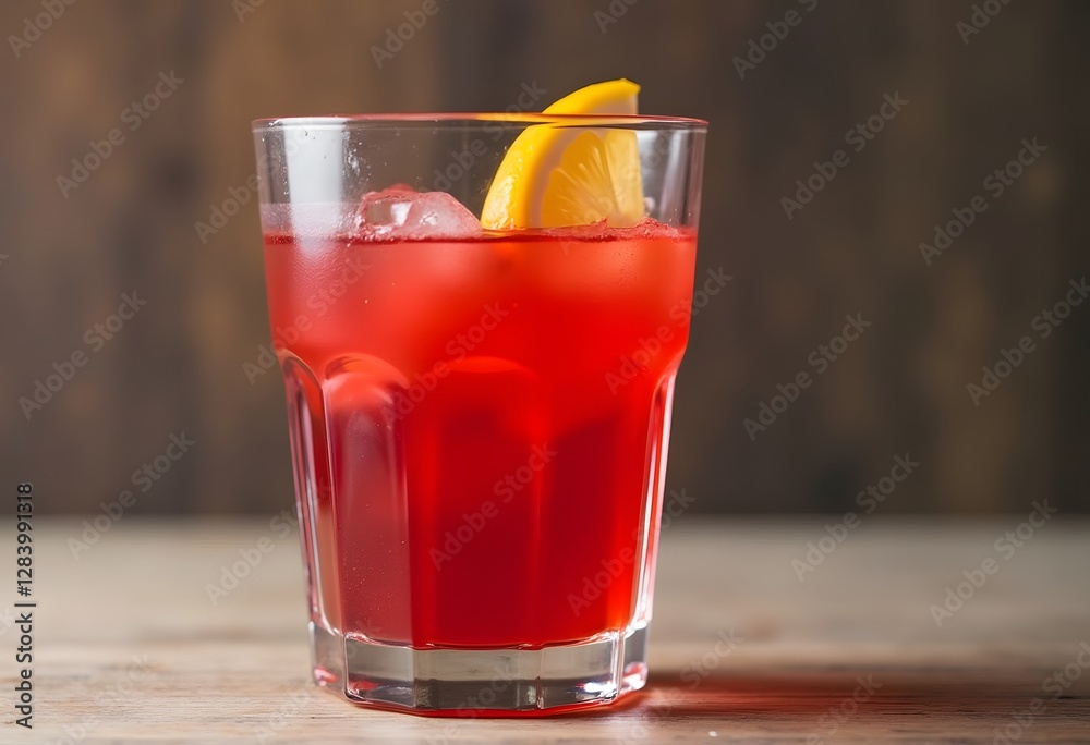 Red cocktail with ice cubes and lemon slice standing on white cube, casting tropical palm leaf shadow on white background
Red cocktail with ice cubes and lemon slice standing on white cube, casting tropical palm leaf shadow on white background