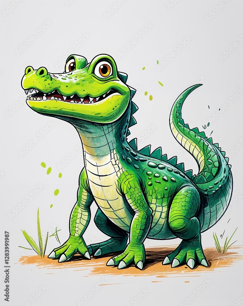 Fototapeta premium crocodile child like drawing on a white background crayon art whimsical youthful hand drawn cartoon