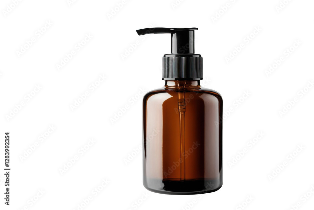 Naklejka premium The Glass Bottle with Pump Dispenser Reflects Light, Showing its Transparency