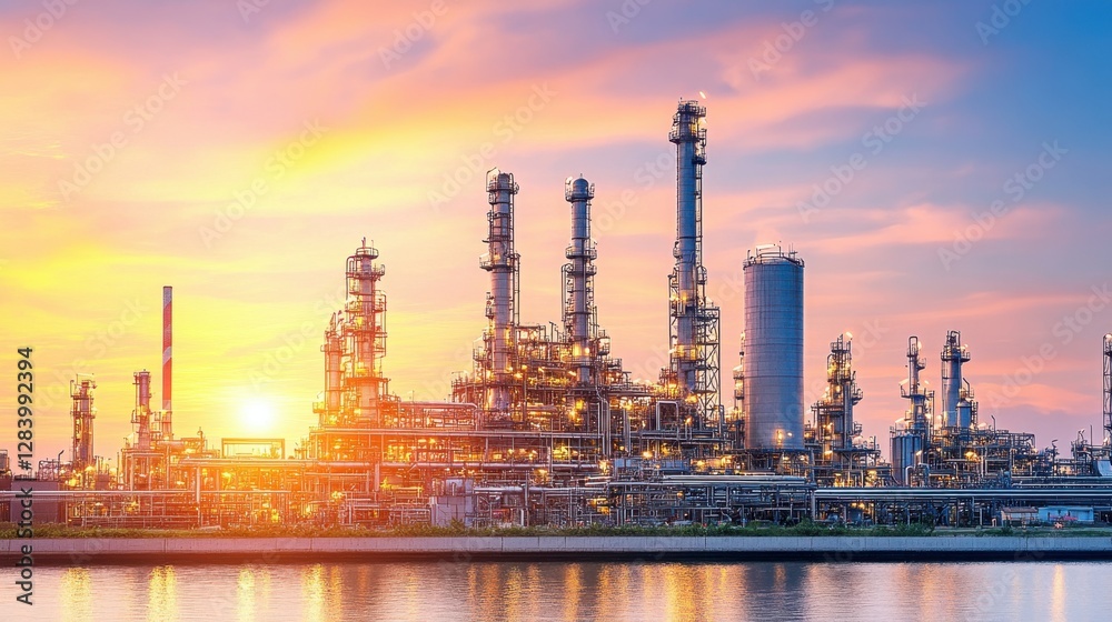 A modern petrochemical refinery with steam rising from distillation towers A modern petrochemical refinery with steam rising from distillation towers