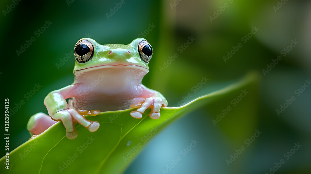 Obraz premium Photograph of a green tree frog sitting on a leaf