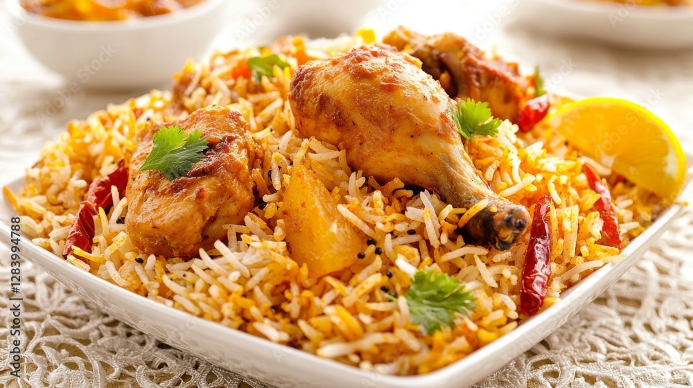 Portion of Chicken Biryani served with a side of lemon pickle, highlighting the accompaniments. --chaos 20 --ar 16:9 --quality 2 --v 6.1 Job ID: fb813282-dad5-4eb6-baff-1557aa783c73 Portion of Chicken Biryani served with a side of lemon pickle, highlighting the accompaniments. --chaos 20 --ar 16:9 --quality 2 --v 6.1 Job ID: fb813282-dad5-4eb6-baff-1557aa783c73