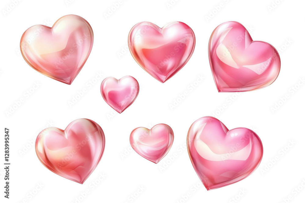 Floating Transparent Hearts, Pink Glossy, Decoration, 3D Render, Valentine's Day Floating Transparent Hearts, Pink Glossy, Decoration, 3D Render, Valentine's Day