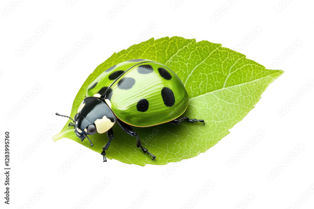 Fototapeta premium Green Ladybug on a Leaf: A Stunning Example of Nature's Transparency
