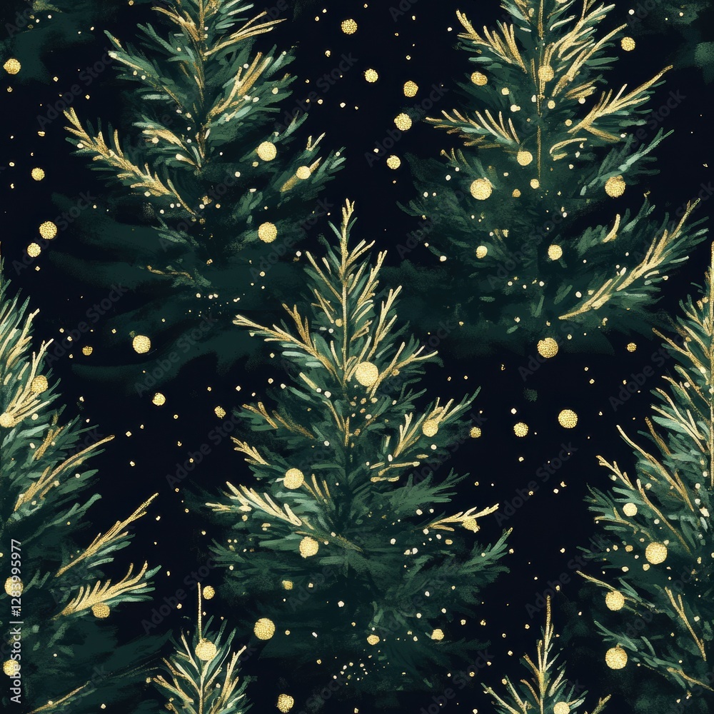 Fototapeta premium Seamless Evergreen Tree Wallpaper with Glitter Accents and Dark Background