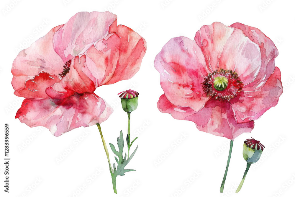 Delicate Watercolor Blooms: Pink Poppy Flowers in Full Bloom, A Tranquil Scene Delicate Watercolor Blooms: Pink Poppy Flowers in Full Bloom, A Tranquil Scene