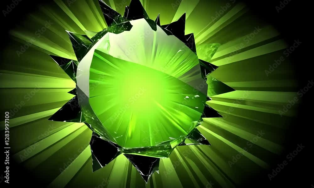 A vibrant green explosion emerging from a cracked surface, set against a dark background, creating a dynamic visual impact