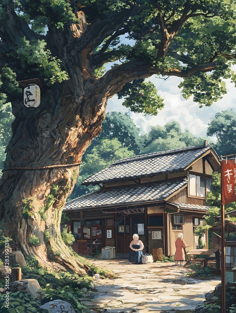 Fototapeta premium Ancient Japanese Tea House: A charming traditional Japanese tea house nestled under the sprawling branches of an ancient tree, capturing the tranquility and timeless beauty of the landscape. 