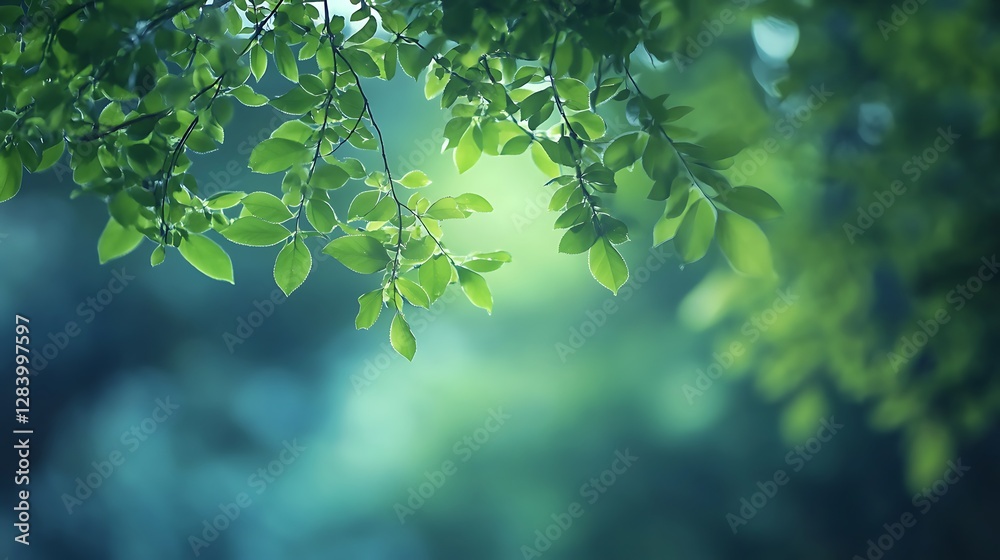 Fototapeta premium Fresh green leaves gently lit by light through a blurred background