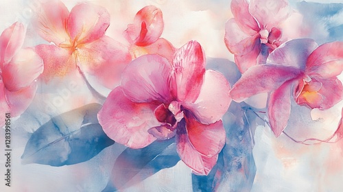 Vivid pink orchids, painted with watercolors on a white background, are beautifully hand-drawn. 